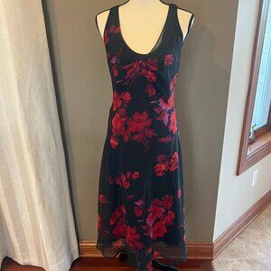 Vintage Women's Beautiful Black & Red Lined Floral Midi Dress, Size 12